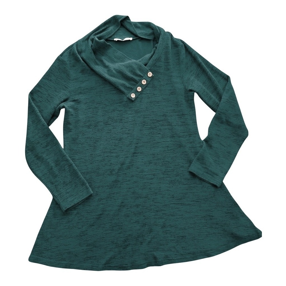 Women's Knit Tunic Sweater Medium Green Cowl Neck Button Detail Long Sleeve Top
